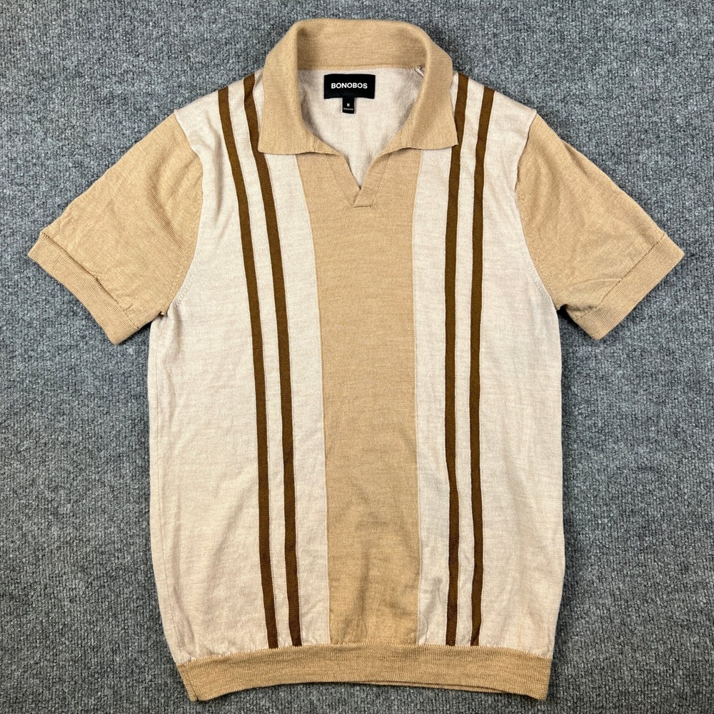 Bonobos Polo Sweater Shirt Mens M Brown Striped Merino Wool Open Johnny Collar